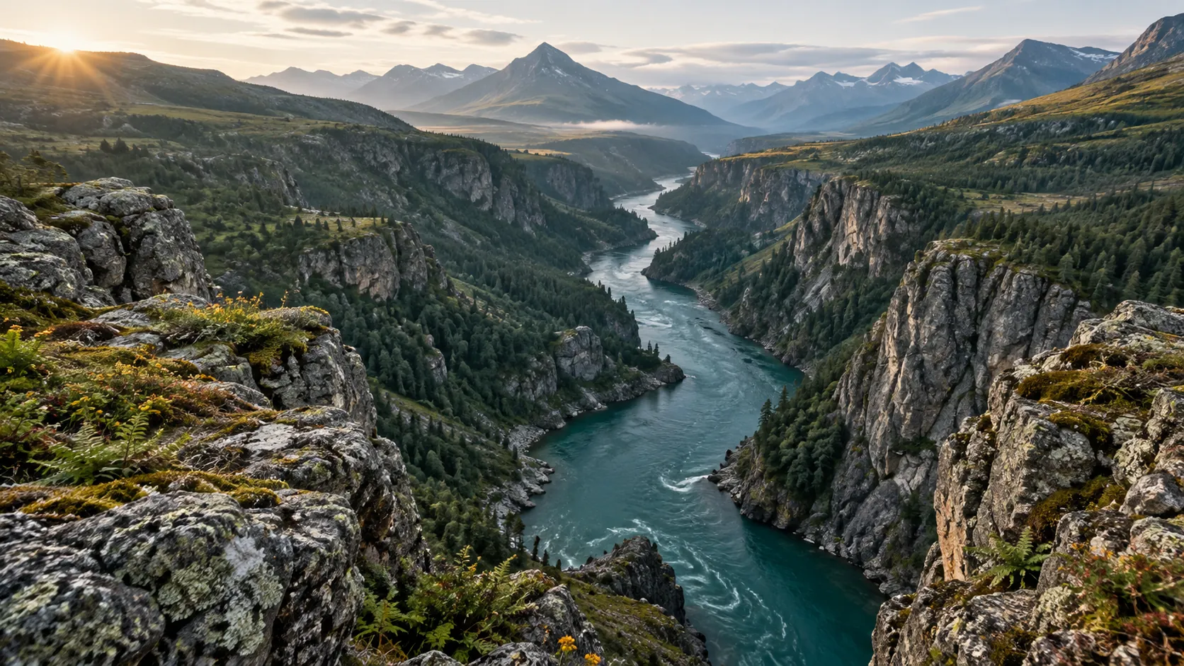 A mineral-teal river winding through a rocky gorge toward distant mountains.