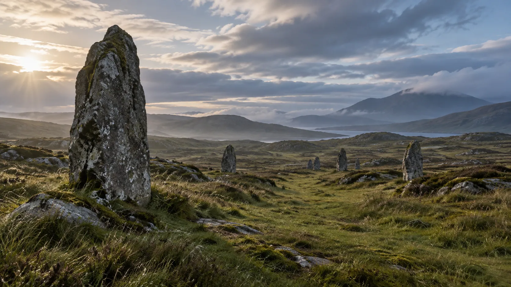 Weathered standing stones on an open moor at first light.