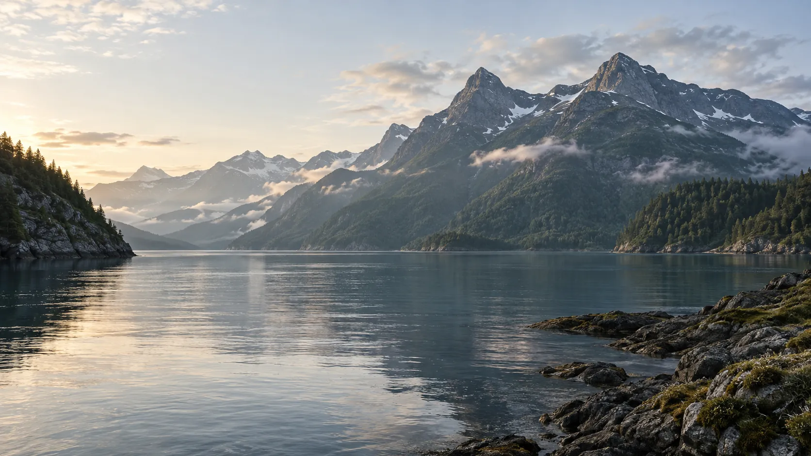A still mountain lake at first light, with a far shore under snow-streaked peaks.
